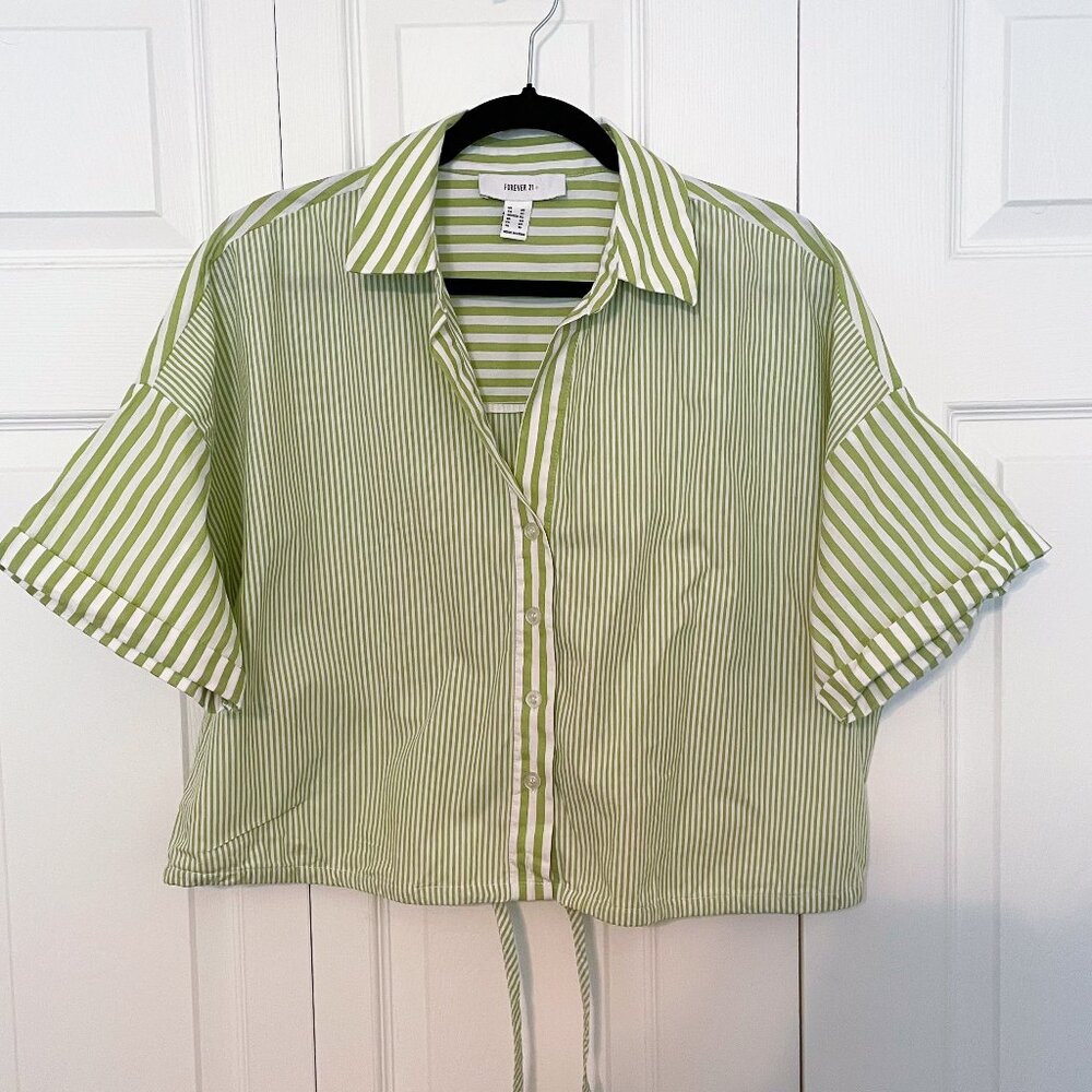Forever21 Green White Stripe Crop Button Down